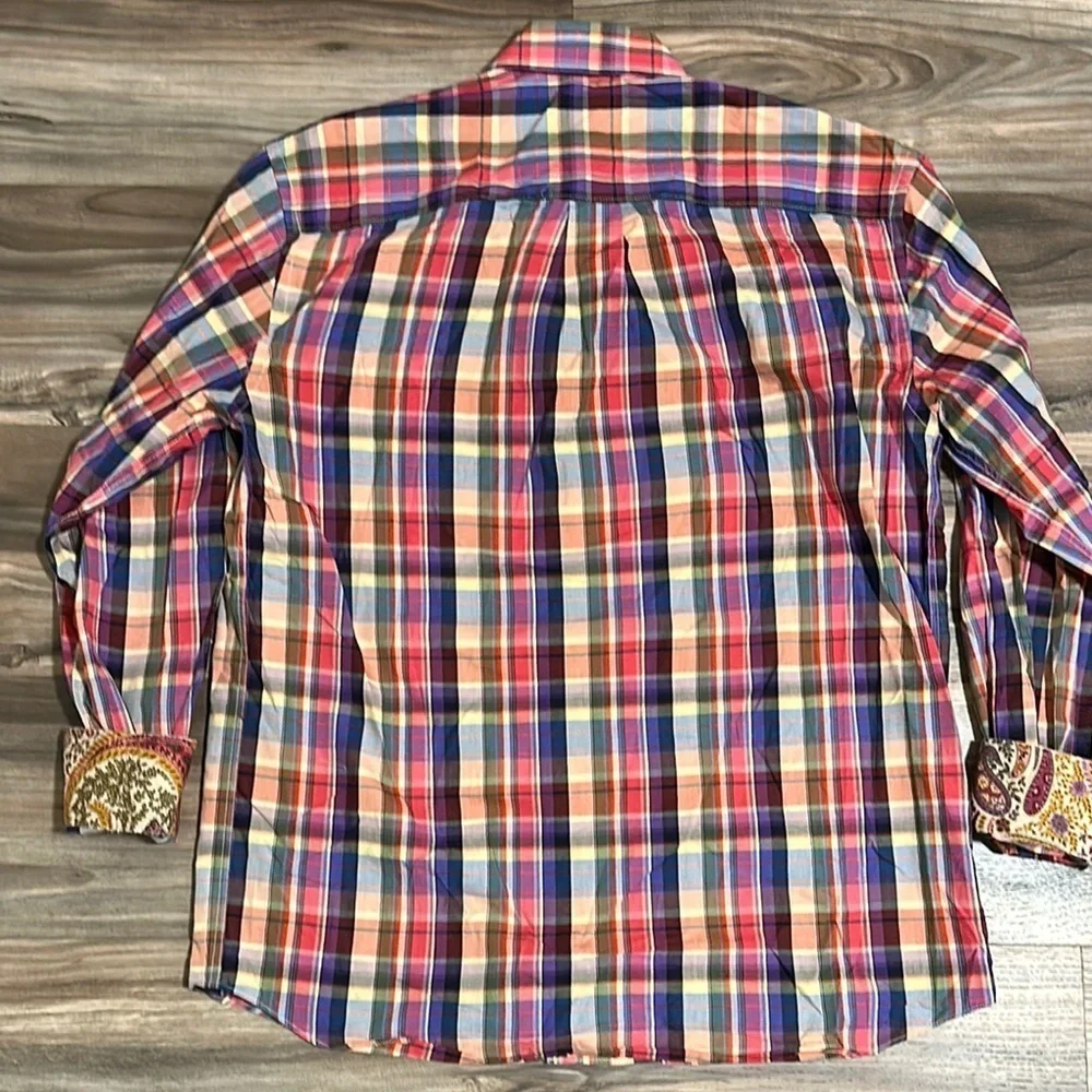 Alan Flusser Mens M Plaid Long Sleeve Flip Cuff Button Down Shirt Paisley